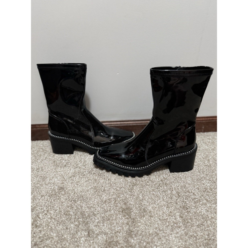 Black Patent Ankle Boots Chunky Lug Sole Silver Bead Glam Goth Grunge - Picture 6 of 8